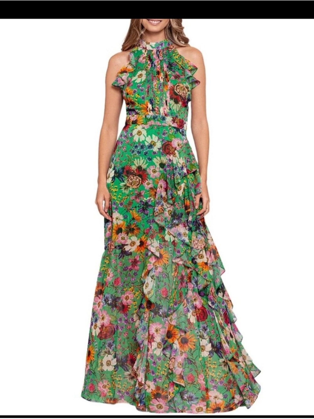 Betsy & Adam Floral Print Metallic Ruffle Chiffon Gown 14 wedding guest dress